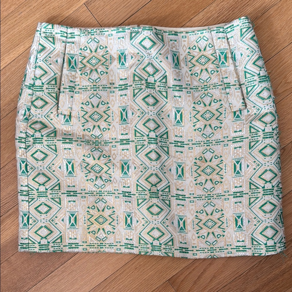 J. Crew Jacquard Metallic Green and Cream Skirt
